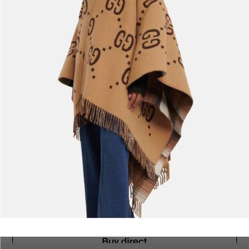 Gucci Camel Brown Logo Fringe Plaid Wool Cape Poncho - Picture 4 of 9